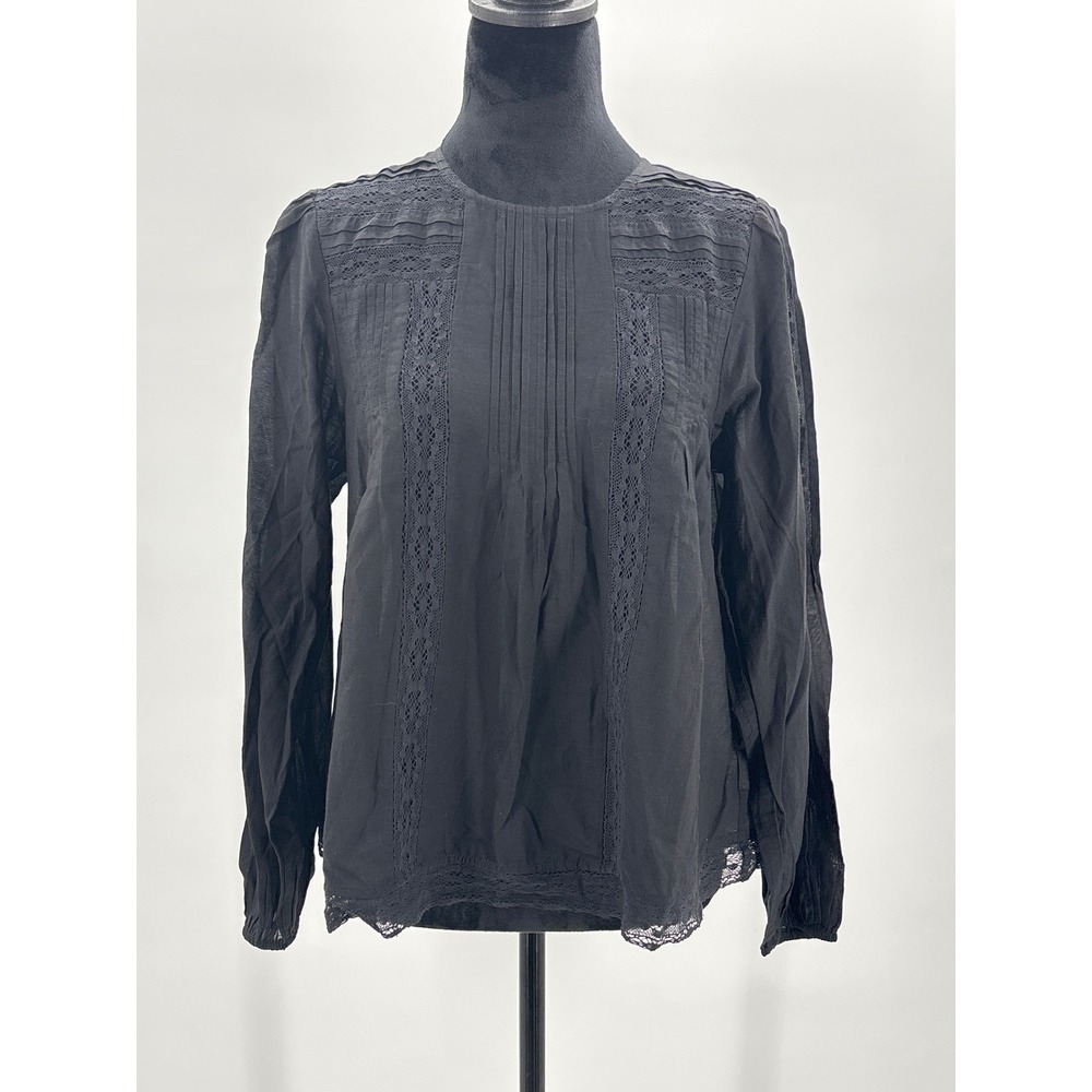 Madewell Black Lace-Insert Pintuck Long Sleeve Blouse Womens Size S NWT NW717 - Picture 6 of 13